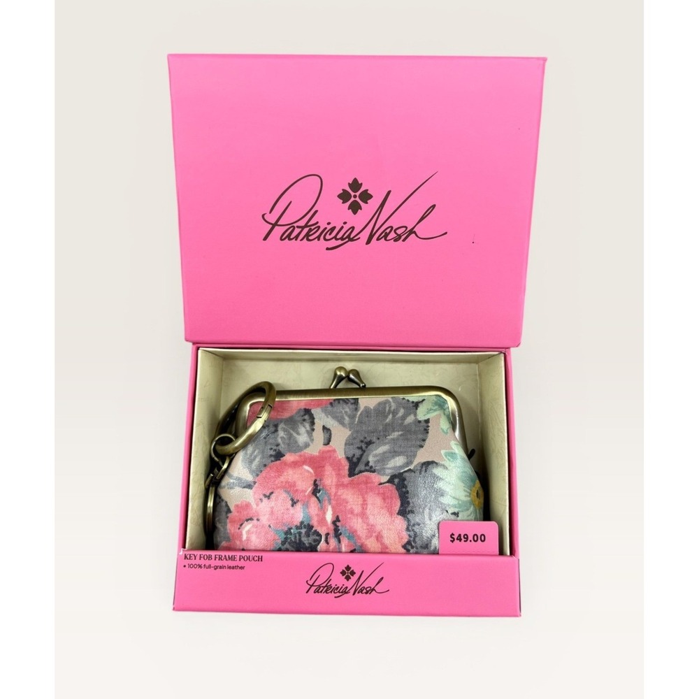 Patricia Nash Key Fob Frame Pouch Floral Pink Leather Kiss Lock NWT Gift Box